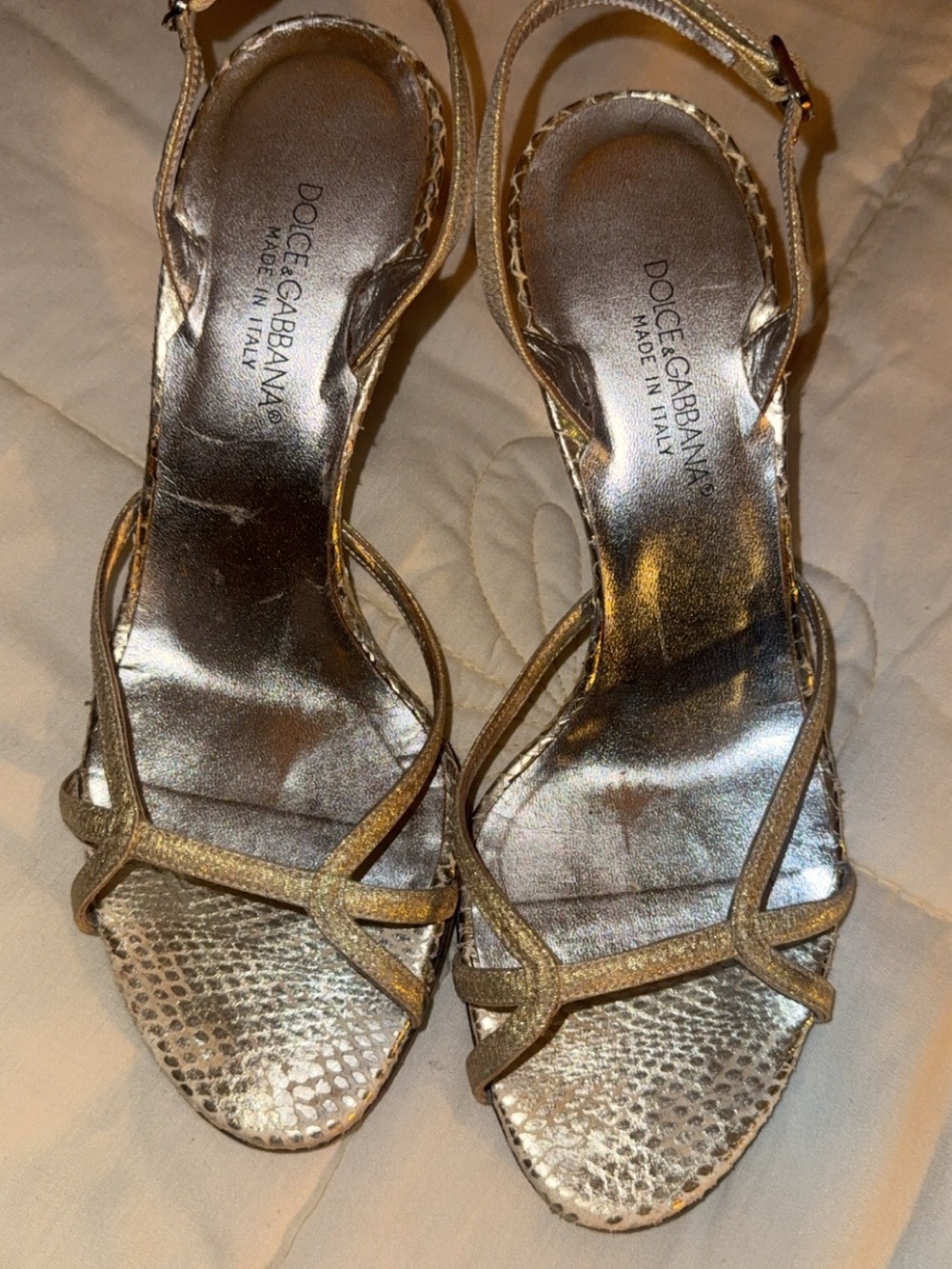 Dolce & Gabbana Metallic Gold Strappy Snake-Print Heels